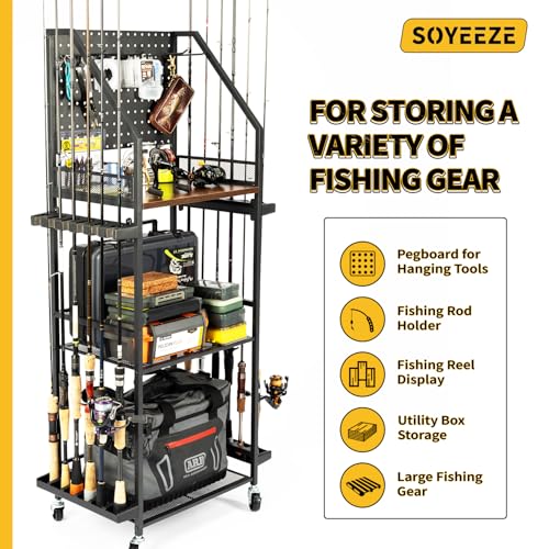 SOYEEZE Suportes de vara de pesca para garagem, armazenamento e organização de equipamentos de pesca