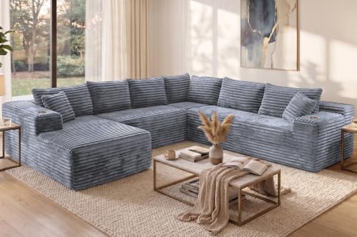 Image of 122 inch Oversized Cloud Sectional Couch for Living Room, 7 Seater U Shaped Sofa Modular Boneless Couch with Chaise | Deep Seater | Cup Holder | Side Pocket | No Assembly | Plus Corduroy, Light Gray