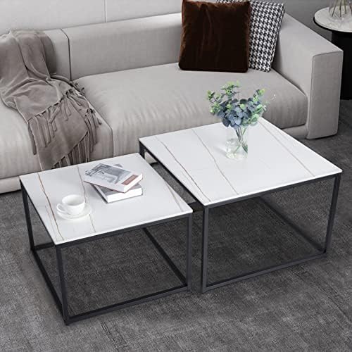 Nesting Coffee Table Living Room: Modern Nest Square Coffee Table White Sintered Stone Large Marble Tabletop Sets Sofa Storage Desk with Black Metal Legs Luxury Center Home Furniture