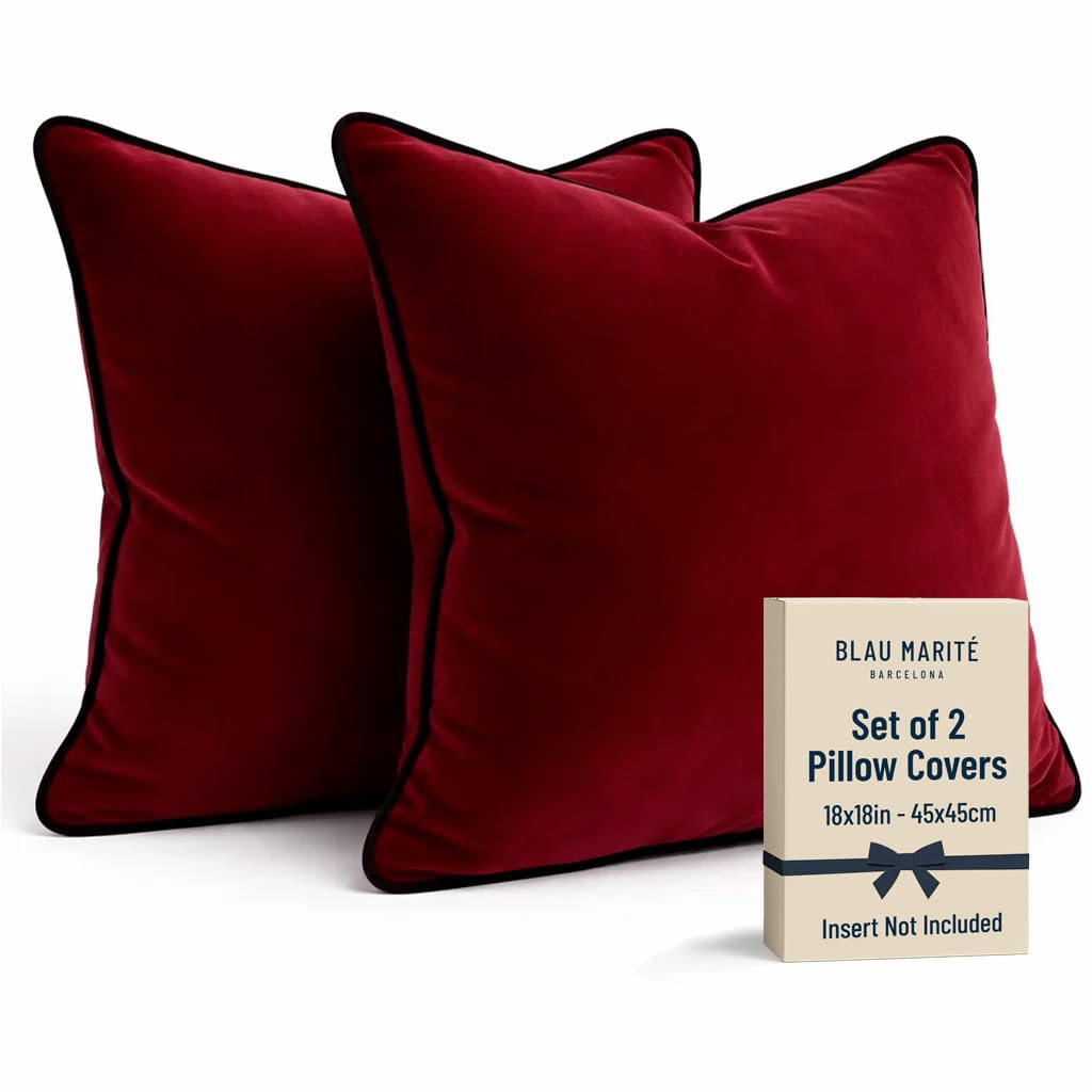 Blau Marité 2 Pack Velvet Decorative Throw Pillow Covers, 18"x18", Burgundy, Solid, Modern, Contrast Piping, Indoor Use, Bedroom & Living Room — image 1