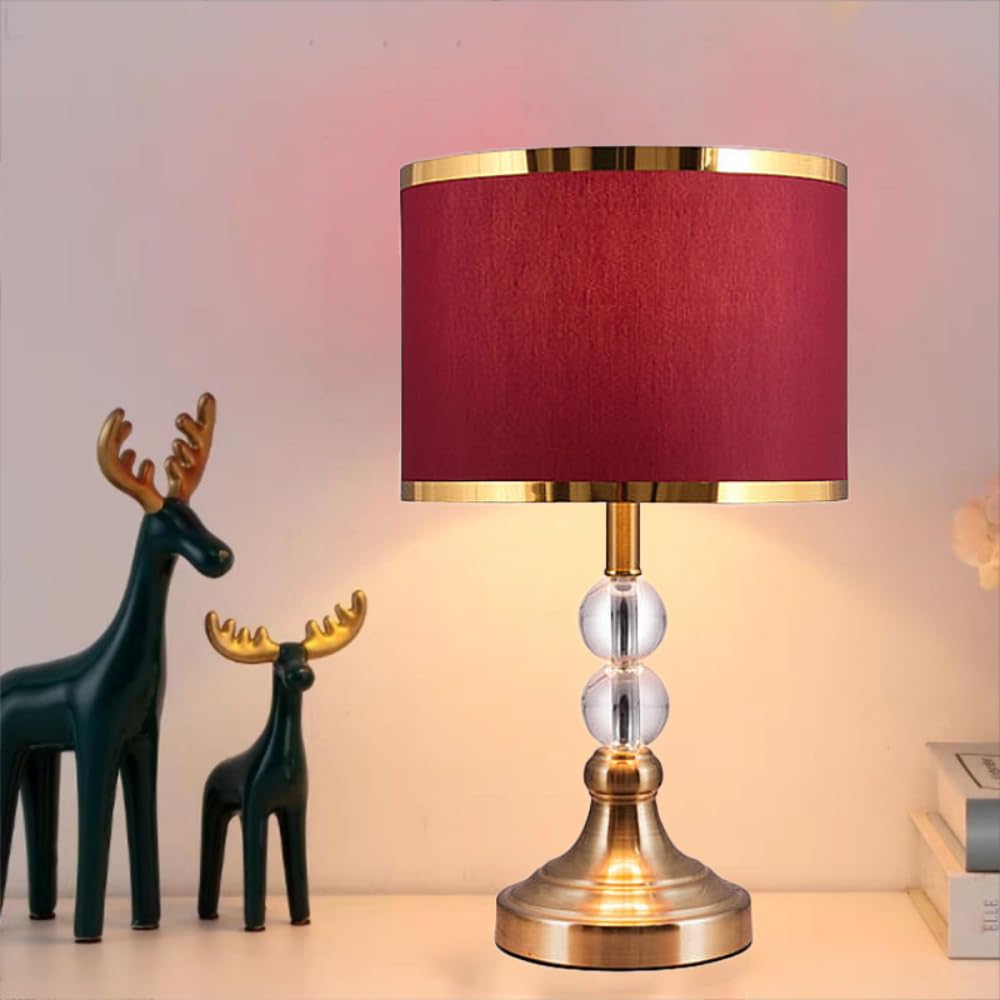 XINYASEE Lampada da comodino classica, paralume in tessuto e corpo in cristallo, E27, lampada da tavolo, soggiorno e camera da letto, rosso, oro (Rosso)