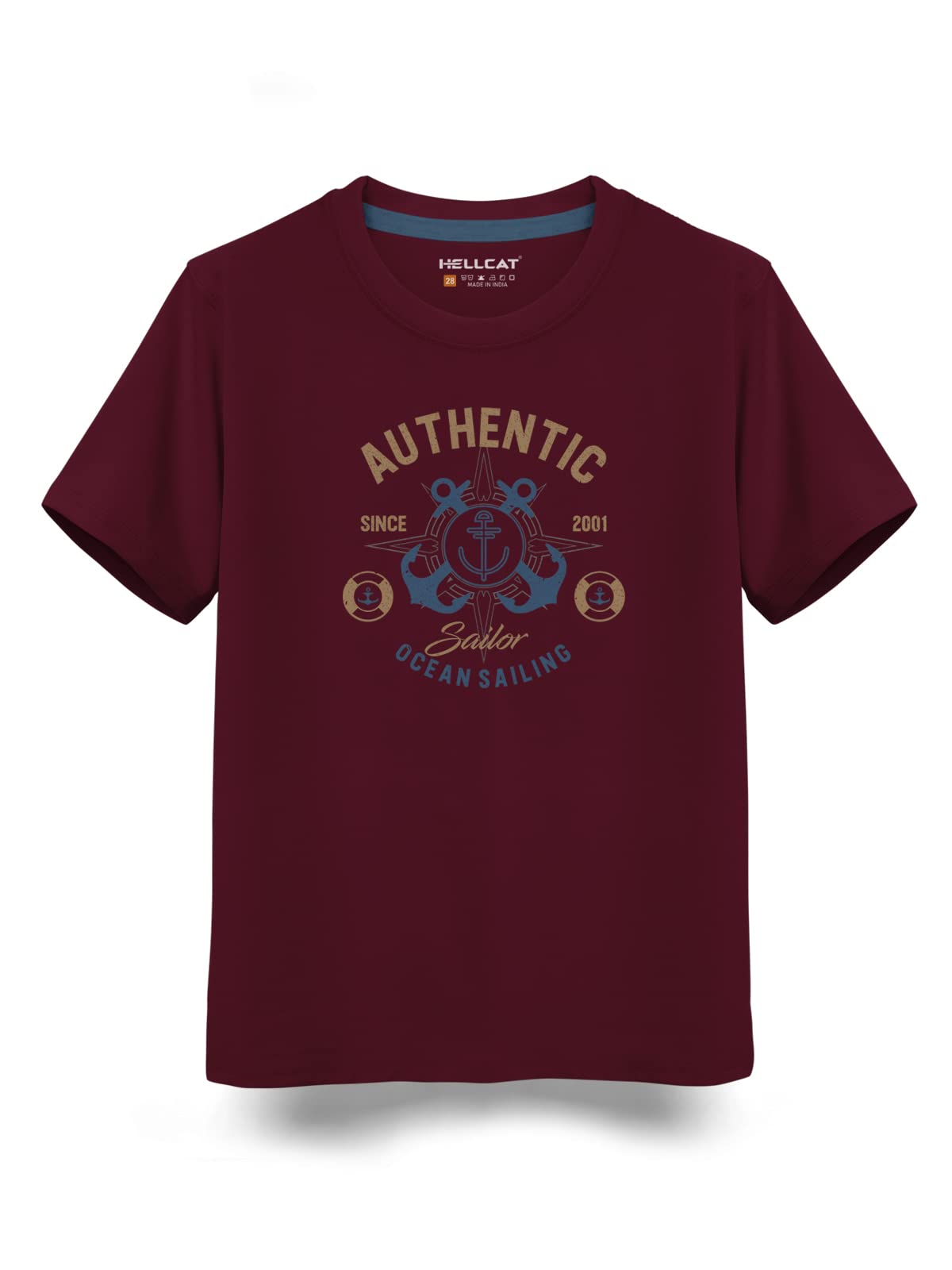 HELLCAT Burgundy Trendy Typographic Printed Cotton Blend Half Sleeve T-Shirt for Boys