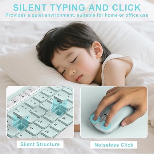 Image of Wireless Keyboard and Mouse Combo, Full-Sized Wireless Keyboard and Adjustable DPI Mouse, 2.4GHz USB Receiver, Keyboard and Mouse for PC, Windows, Desktop, Laptop (Mint Green and White)