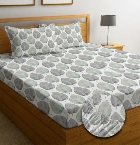 Image of IVAZA Ezyption Cotton Super Soft 240 TC Elastic Fitted All Around Elastic Printed King Size Double Bed Bedsheet with 2 Pillow Cover 72 inch X 78 inch3 Grey Leaf