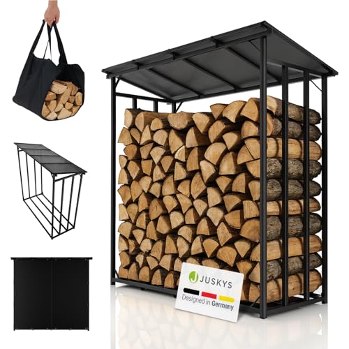 Juskys Kaminholzregal mit Dach – wetterfest, mit UV-beständiger Plane, erhöhter Boden & einfacher Montage, ideal für Outdoor-Lagerung