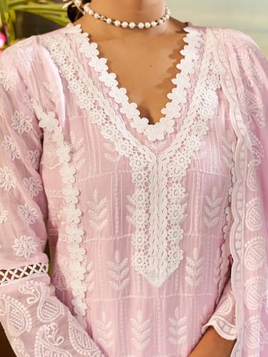 Image of INDO ERA Women's Straight Pure Cotton Ethnic Motifs Embroidered Kurta & Pant with Dupatta Set (IEOUT10190)