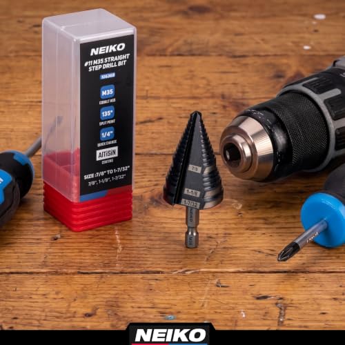Image of NEIKO 10636B Step Drill Bit, 3 Steps 7 /8 inch to 1-7 /32 inch Straight M35 Cobalt, AlTiSiN Coated, 1 /4 inch Quick Change Step Bits for Steel, Metal, Wood, Plastic, Unibit Cone Drill Bits, Two Flute