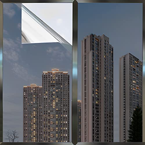 BeIM Spiegelfolie Selbstklebend für Fenster Wärmeisolierung Sonnenschutzfolie Sichtschutz UV-Schutz Silber Fensterfolie (90*200) Cover