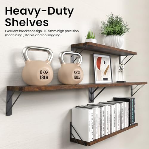 Image of BAYKA Wall Shelves for Bedroom Decor, Floating Shelves for Wall, Display Mounted Rustic Wood Shelf for Books,Plants,Corner Shelves for Bathroom,Kitchen,Living Room(Rustic Brown,23in,Set of 4)