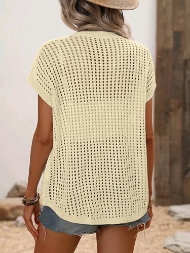 Image of Crochet Tops for Women Spring Summer Shirts Cute Mesh Top Cap Sleeve Cover Up Pullover Sweater Beach Vacation Clothes