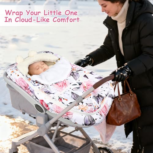 Image of Pea Pod Winter Car Seat Cover for Baby, Infant Car Seat Canopies Cover for Newborn, Warm Plush Fleece Inner Protect Baby from Cold Wind, Stylish Floral