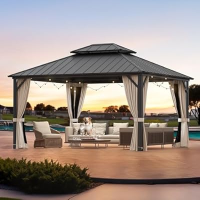 LUE BONA 12'x14' Gazebo Hardtop Gazebos, Double Galvanized Steel Roof and Aluminum Frame Permanent Pavilion with Dual Curtains, Outdoor Metal Roof Gazebo for Patio, Garden, Backyard, Black