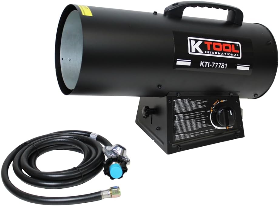 K Tool International 77781 Industrial Forced Air Propane Space Heater with Adjustable Height for Warehouse, Garage, Shop, and Jobsite, 60,000 BTU, 110V/60Hz, Includes Regulator and 10' Hose, Black
