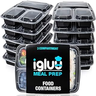 Igluu Meal Prep Containers [10 pack] 3 Compartment with Airtight Lids - Plastic Food Storage Bento Box - BPA Free - Reusable Lunch Boxes - Microwavable, Freezer and Dishwasher Safe (32 oz)