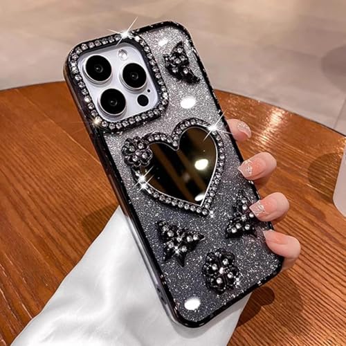 Coque iPhone 15 Pro noire silicone miroir diamant papillon chic
