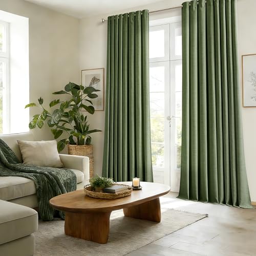 Image of 90 Inch Length 2 Panels Olive Green Linen Curtains for Living Room | Semi Sheer, Grommet Drapes, Thick Linen, Privacy, Boho, Farmhouse, Window Curtain for Bedroom, Office, Sliding Door, 52x90