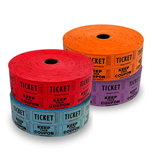 Raffle Tickets - 4 Rolls Of 2000 Double Tickets 8, 000 Total 50/Raffle Tickets Dark Assorted Colors Red, Blue, Purple, Orange #TOP3