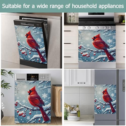 Image of Dishwasher Magnets Decorative Cover,Red Cardinal Refrigerator Magnet Cover,Washable Winter Berry Dishwasher Front Panel Cover Home Kitchen Decoration 23x26 Inch