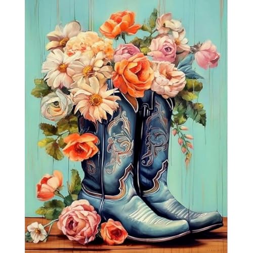 Image of BEAYIOU Boots Stamped Cross Stitch Kits-Flowers Printed Easy Pattern Needlepoint Kits Embroidery Crafts for Adults Beginners Gift 12x16 Inch