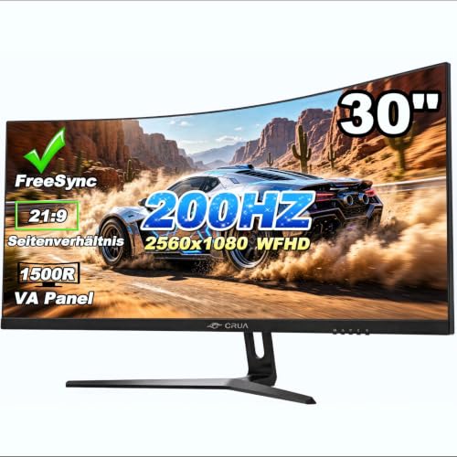 CRUA 30' Ultrabreit Curved Gaming Monitor, 165 Hz/200 Hz, WFHD (2560 x 1080p), 1500R VA-Bildschirm, 120% sRGB-Farbraumabdeckung, unterstützt AMD FreeSync, Wandmontage (HDMI, DP) – Schwarz