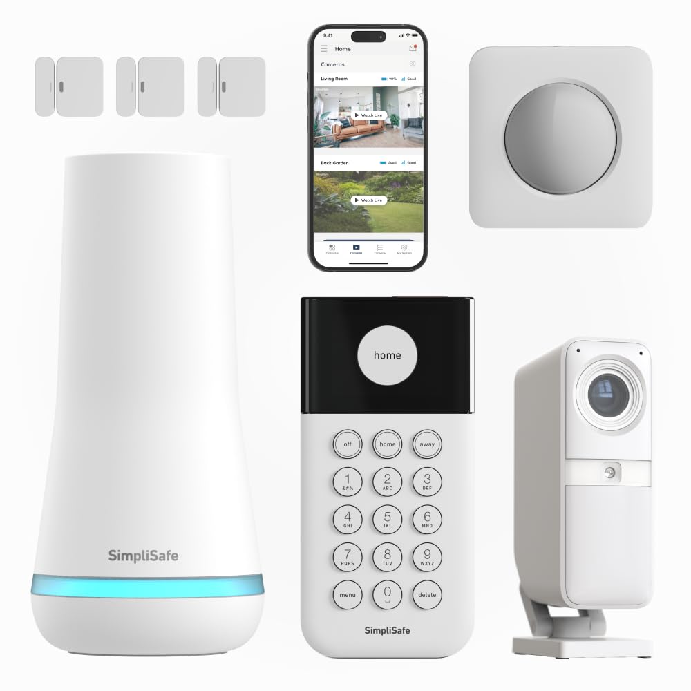 SimpliSafe Wireless Home Security Systems | 7 Piece Smart Home Alarm Systems with HD Indoor Security Camera | Mobile App & Works with Alexa | Professional Monitoring Available | Easy DIY Install
