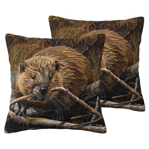 LLOTPQ 20x20 Imitation Linen Pillowcase - beaver working Print 2 Sets, Soft & Breathable, Zipper Closure, Side Sleep, Memory Huggable