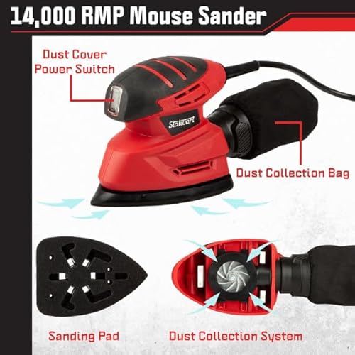 Electric Sander Tool - 14000RPM Mouse Detail Sander with Dust Collection System and 12pc Sandpaper - 120V Electric Hand Sanders for Wood by Stalwart thumbnail 3