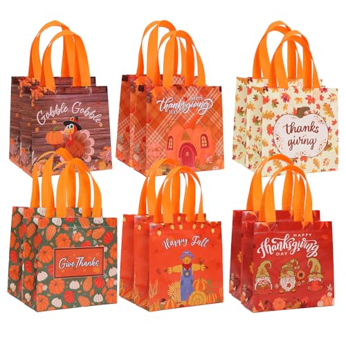 Colodeol 12 Pcs Thanksgiving Gift Bags Maple Leaves Pumpkin Turkey Tote Bags with Handles Non-woven Treat Bags Bulk for Friendsgiving Fall Autumn Party Supplies