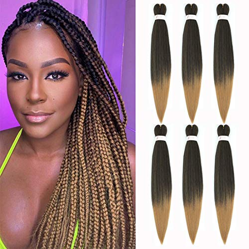 Pre Stretched Braiding Hair Easy Braid Ombre Expression Braiding Hair 26inch 6packs Box Braids Professional Synthetic Fiber Crochet Hair Extensions(26 inch, T1B/27)