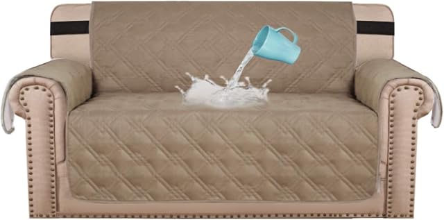 BellaHills 100% Waterproof Loveseat Covers Couch Covers for Dogs/Pets Loveseat Sofa Slipcover for 2 Seater Leather Couch with Non Slip Backing and Adjustable Strap (Loveseat 54", Taupe)