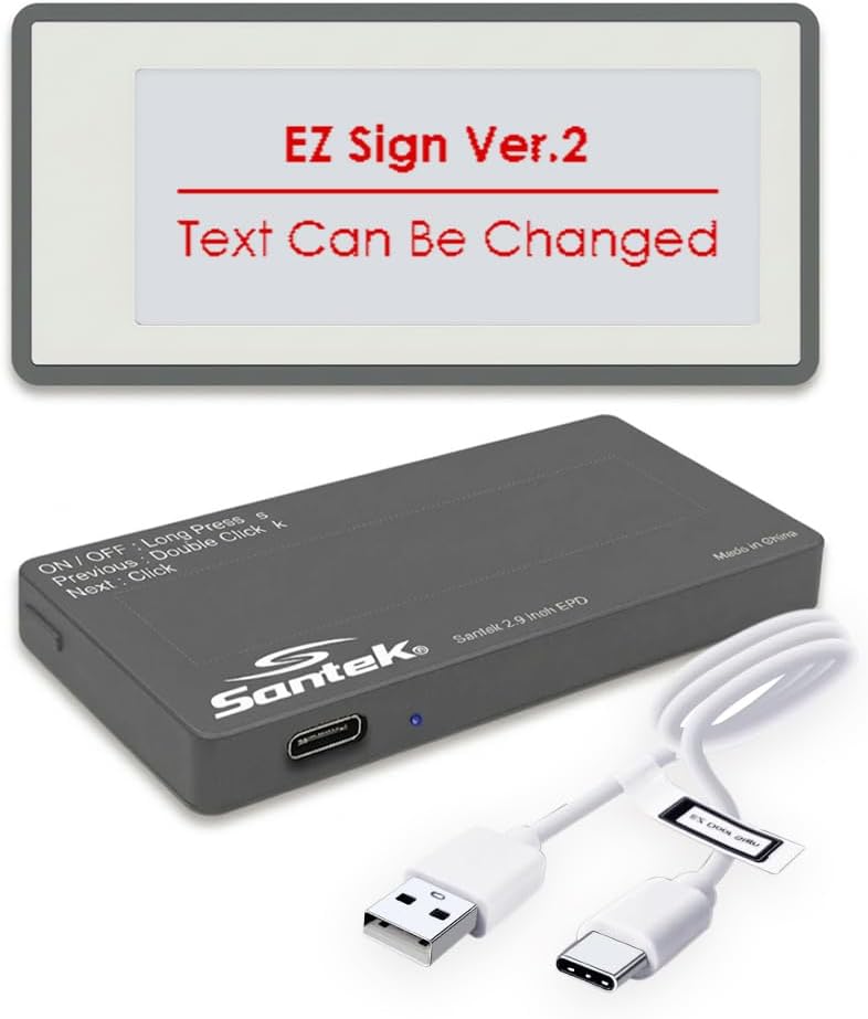 Santek EZ Door Sign (2nd Gen) 2.9 Inch E-Paper Digital Signage, Rechargeable, Cordless, Low Power Tricolor Eink Display with 5 Customizable Messages, Office Door Sign, Available and Away, Busy, On Air