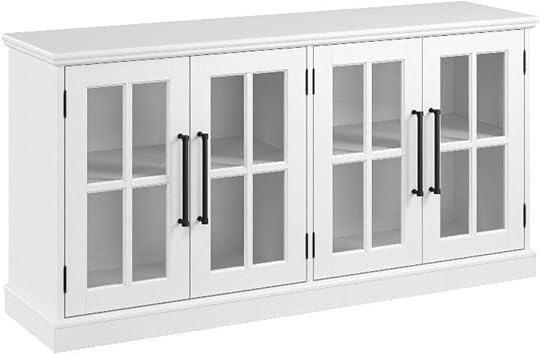 BOWERY HILL Modern TV Stand, 60W for 75 Inch TV, White Ash Finish, Adjustable Shelves, Windowpane Glass Doors, Built-in Wire Management, Farmhouse Style Storage for Living Room Entertainment Center