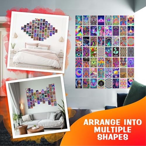 Image of CodersParadise Psychedelic Wall Collage Kit - Pack of 54 Aesthetic 4x6 Inch Posters for Bedroom, Dorm & Living Room Decor | Vibrant Trippy Psychedelic Cardstock Wall Art Prints with Glue Dots Included