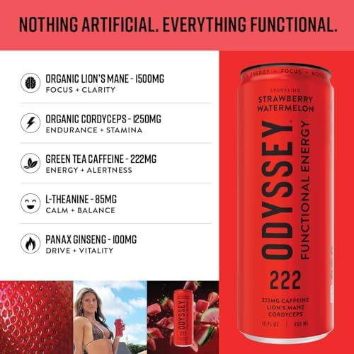 Image of Odyssey Functional Energy Drink, Strawberry Watermelon, 222mg Green Tea Caffeine, Clean Energy & Focus, Low Calorie, No Added Sugar, No Crash, Lion's Mane & Cordyceps, 12 Pack 12 Fl Oz
