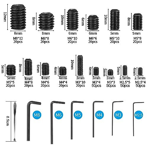 420 Stück Madenschrauben Sortiment, metrische Einschraubmuffen Befestigungsschrauben Kohlenstoffstahl, M2.5/M3/M4/M5/M6/M8 Innensechskantschrauben Gewinde für Türgriffe, 5 Stück Inbusschlüssel