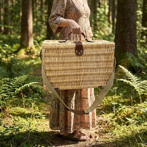 Image of Multifunctional Wicker Picnic Basket Set for 4 Blanket Family Folding Wine Table,Insulated Portable Extra Big Storage Capacity Woven Rattan Canasta De Full Tablewares Camping Outdoor Flowers Pink