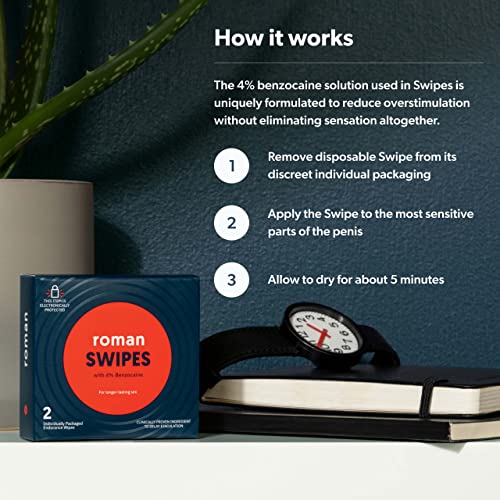 Roman Swipes | Fast-Acting, Convenient, Over-The-Counter Wipes Increase Stamina, Formulated With 4% Benzocaine, Features Discreet Packaging | 2-Pack #TOP1