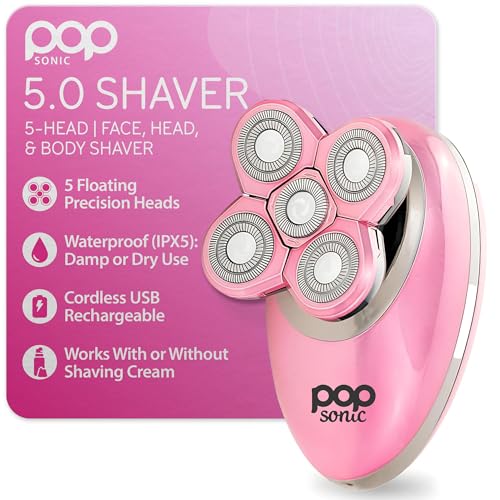 Pop Sonic 5-Head Electric Shaver Kit - Unisex (Rose Gold) Shaver for Face, Head & Body - Smooth, Waterproof USB Rechargeable Trimmer with 360-Degree Precision Cut Heads for Men & Women