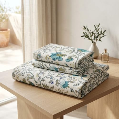 Image of SAJAVAT HOME Pure Cotton King Size Bedsheet with 2 Pillow Covers | Beige Floral Anokhi Print Double Bed Sheet | Soft, Breathable & Comfortable Bedding Set | 96 x 104 Inches | Pack of 1