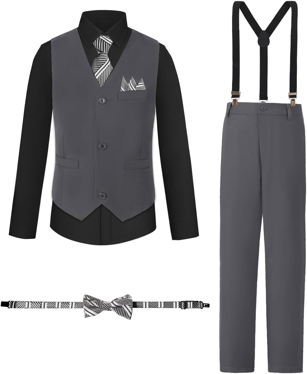Boys Suits Formal Dress Vest and Pants Set for Kids Teens Boy, with Shirt Bowtie and Suspenders, Adjustable Waist
