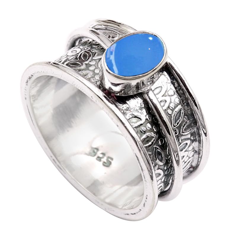 JEWELSTREZORO TSR328AA - Anillo de plata de ley 925 maciza para hombres y mujeres, hecho a mano, Q, Metal Piedra preciosa., Calcedonia azul