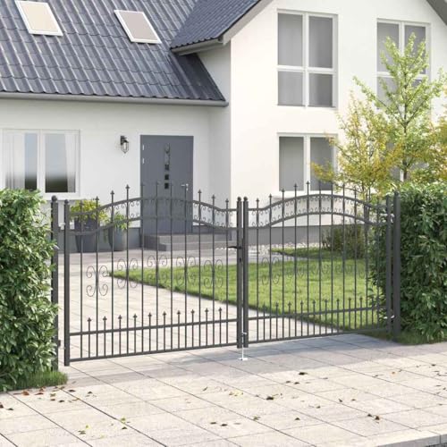 IKAYAA Cancello Doppio con Punte a Lancia Cancelletto Giardino Cancello per Recinzione Cancello Pedonale Privacy con Serratura e Chiavi Ingresso Pedonale in Acciaio-Grigio-305 x 125 cm