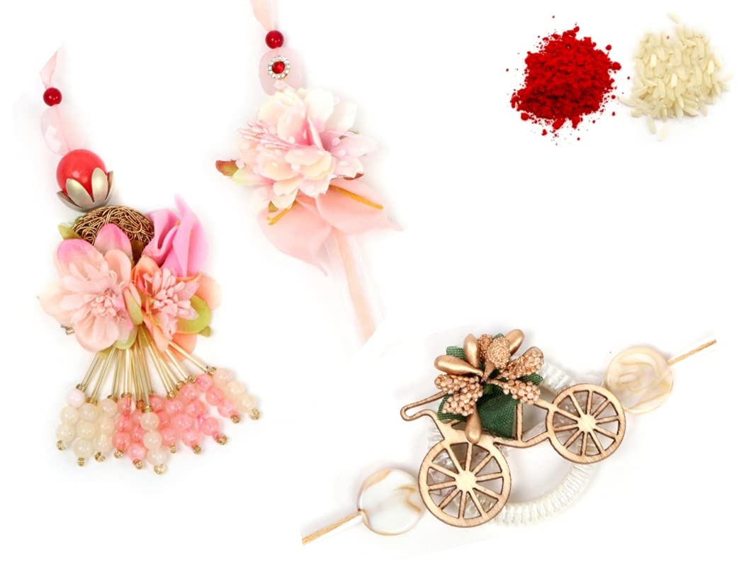 SEASONALHUBFestive Creations designer bhaiya,bhabhi and kids combo rakhi set containing 1 floral bhaiya bhabhi pair rakhi and 1 designer english colours kids rakhi with a pack of roli and chawal
