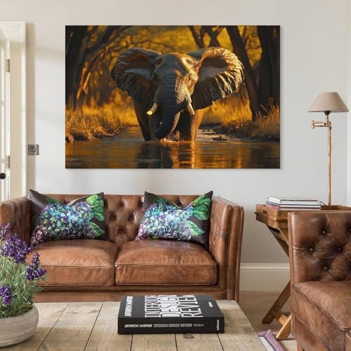 Affiche Sur Toile Elephant au Coucher de Soleil Grand Format