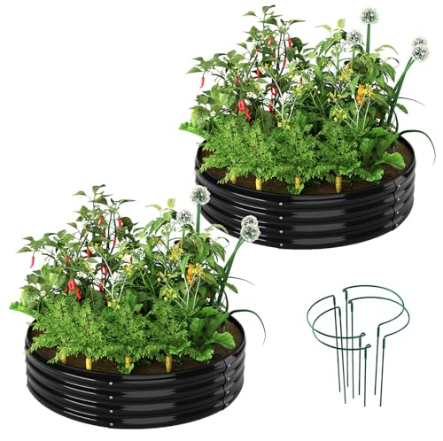 ZFHgarden Galvanized Metal Planter Round Raised Garden Bed Kit for Gardening Outdoor，2x2x1ft 2pc Grow Garden Box Raised Flower Bed，Round Galvanized Planter Outdoor Metal Fire Pit Ring Black