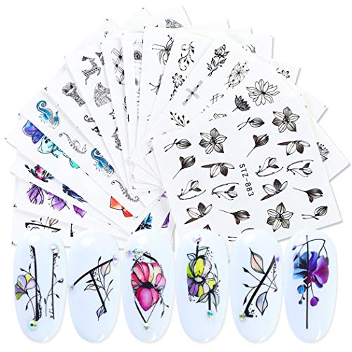 Macute Nail Art Supply Decals Water Transfer Nail Stickers for Women 14 Sheets DIY Black Flower Leaf Deer Owl Butterfly Designs Nail Art Sticker for Fingernails & Toenails Decor Beauty Decorations
