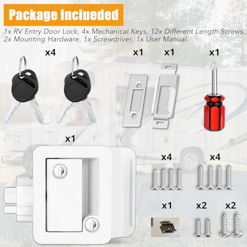 Image of RV Door Lock Replacement, 100% Metal Camper Door Handle Latch with Paddle Deadbolt, RV Enclosed Travel Trailer Entry Door Lock with Keys for Camper Horse Trailer Cargo Hauler - White