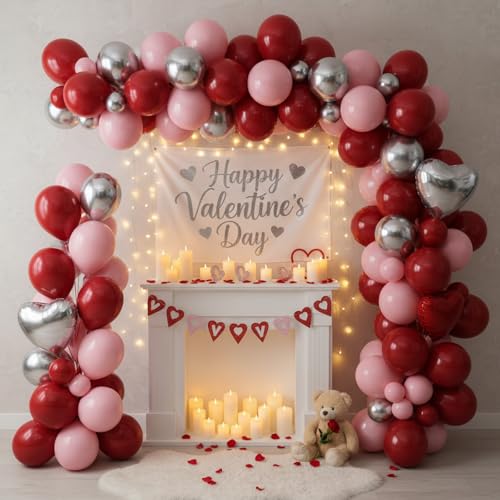 Image of RUBFAC Ruby Red Balloons 65pcs, 12 Inch Dark Red Burgundy Party Balloon with Ribbons for Birthday, Wedding, Baby Shower Decorations