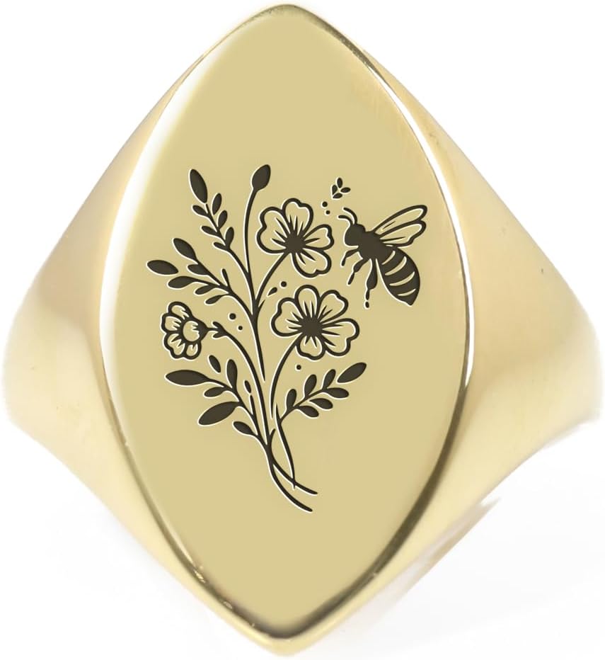 14k Gold Bee Signet Ring - Marquise Shaped Floral Jewelry - Bold Statement for Women