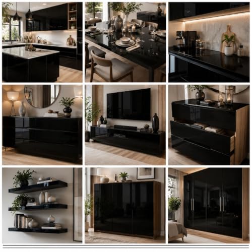 Image of HOME13 Glossy Black Wallpaper Peel & Stick Contact Paper Decorative Self Adhesive Vinyl Wallpaper for Kitchen Cabinet Furniture Countertop Waterproof (24inches By 48inches,Black Glossy)